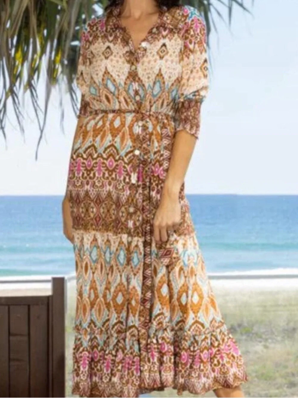Ruby Yaya Boho Ikat Print Midi Shirt Dress Pink Orange Tiered Belted Festival xs